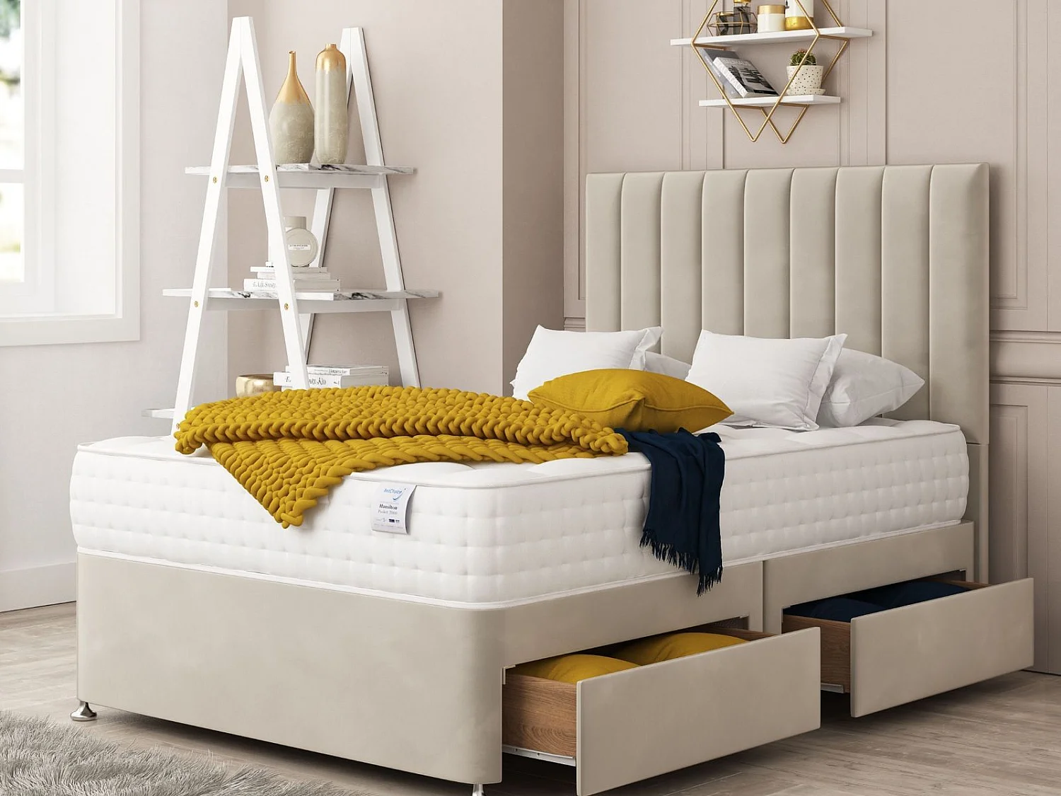 Alaska Upholstered Divan Bed With 2 drawers & 26" Headboard (Cream) - 135 x 200 cm