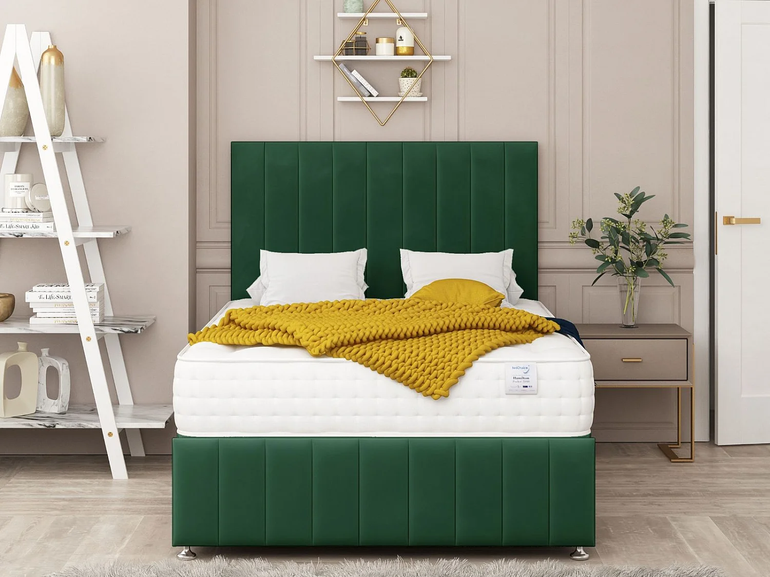 Moscow Divan Bed 4 drawers, Mattress & 54" Floor Standing Headboard (Green) - 135 x 190 cm