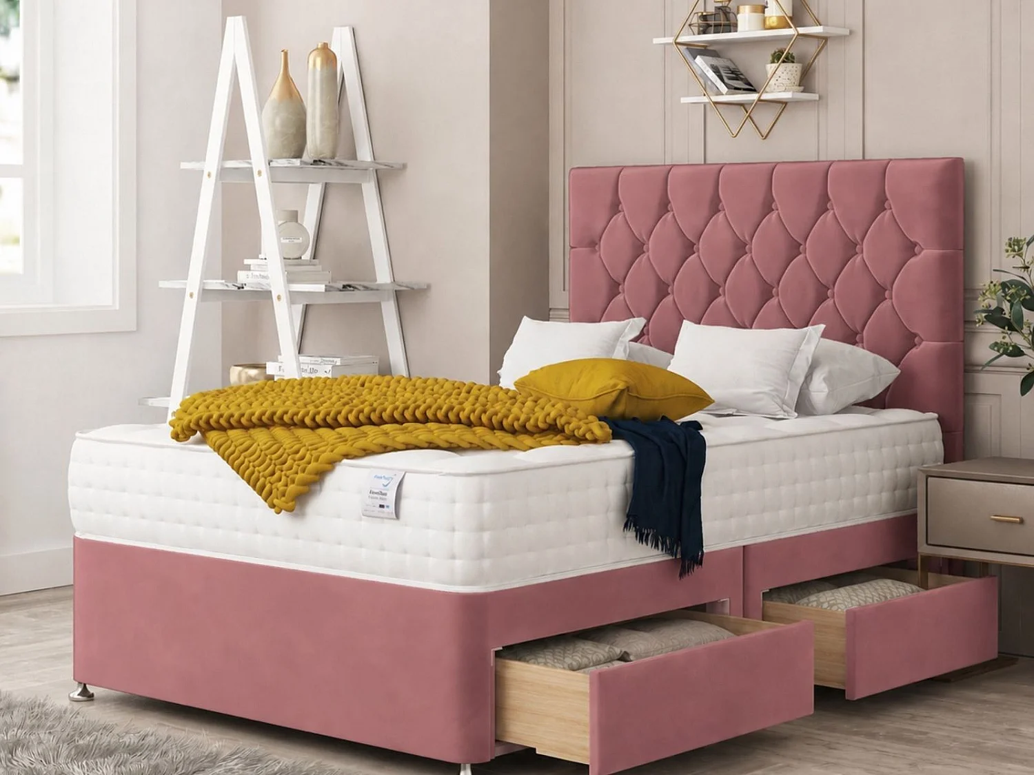 Windsor Upholstered Divan Bed With 2 drawers & 26" Headboard (Pink) - 135 x 200 cm