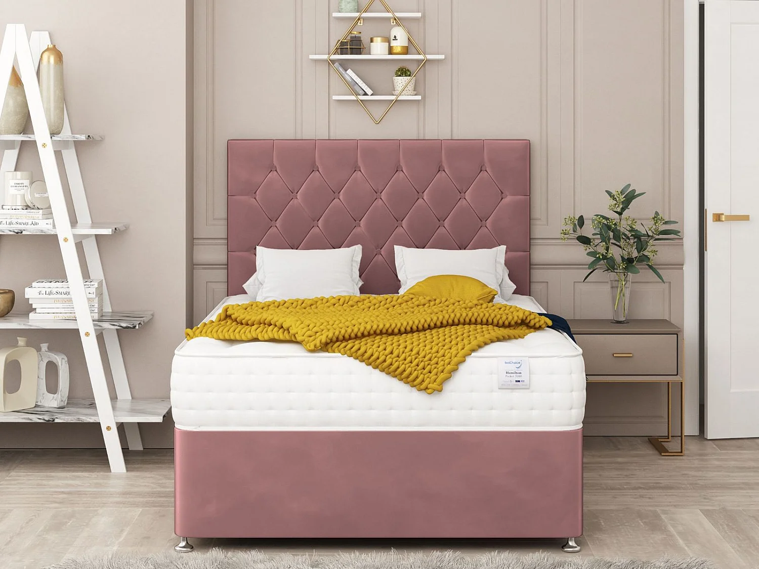 Windsor Upholstered Divan Bed With 2 drawers & 26" Headboard (Pink) - 135 x 200 cm