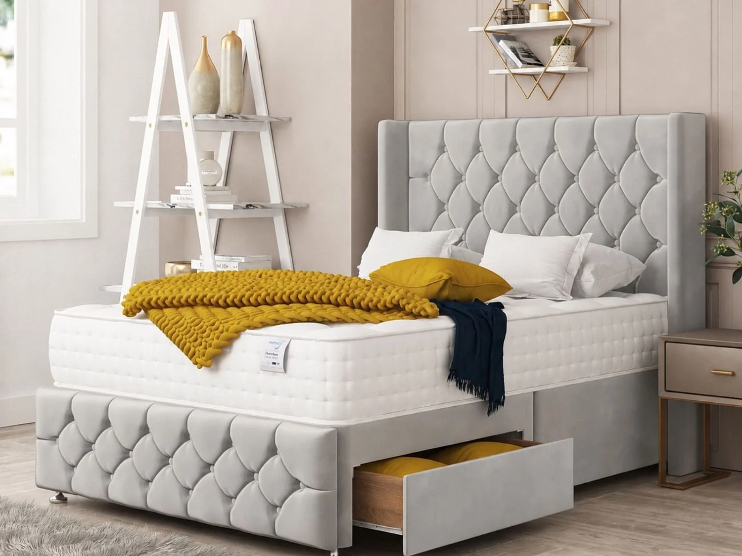 Elena Upholstered Divan Bed With 2 drawers, Mattress & 26" Headboard (Silver) - 180 x 200 cm