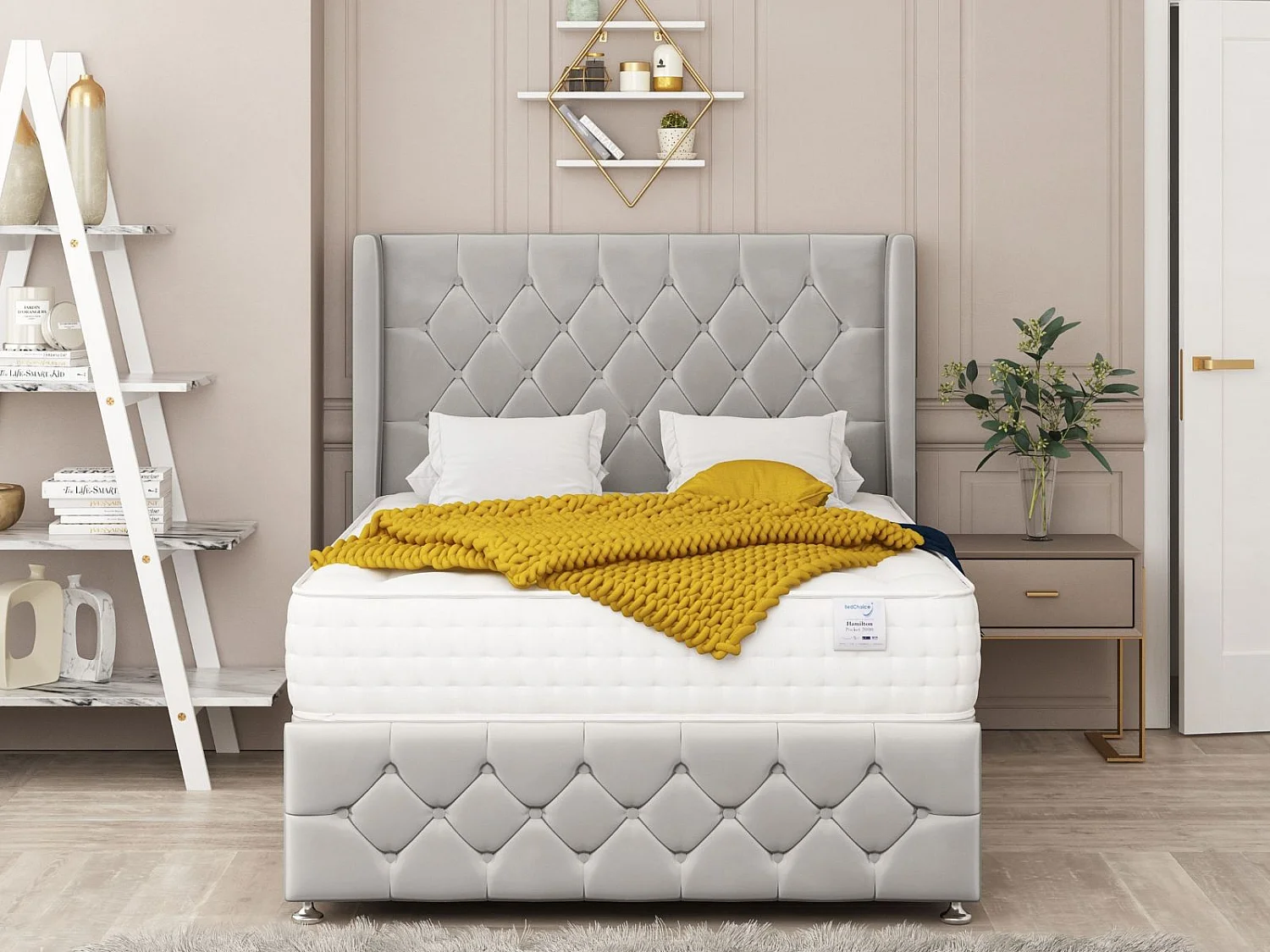 Elena Upholstered Divan Bed With 2 drawers, Mattress & 26" Headboard (Silver) - 180 x 200 cm