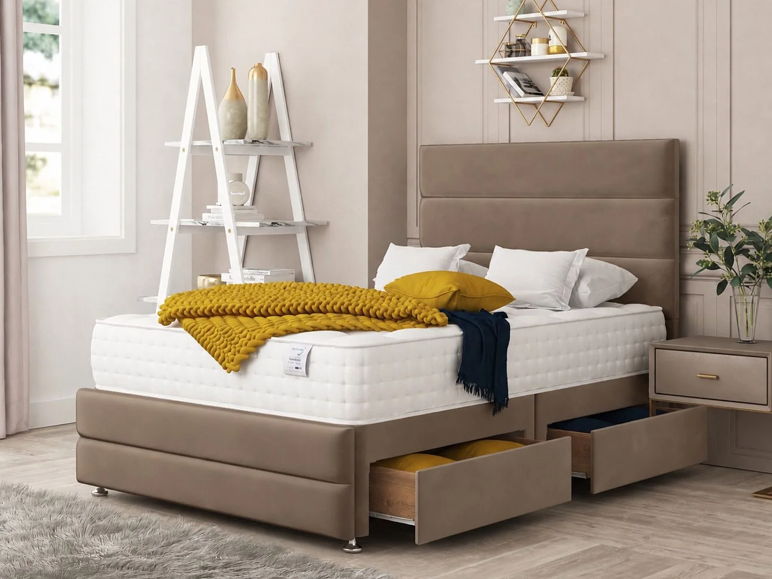 Valencia Upholstered Divan Bed With  4 drawers, Mattress & 26" Headboard (Taupe) - 135 x 200 cm