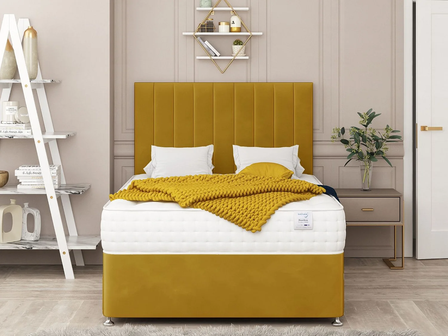 Alaska Upholstered Divan Bed With 2 drawers & 26" Headboard (Mustard) - 180 x 200 cm