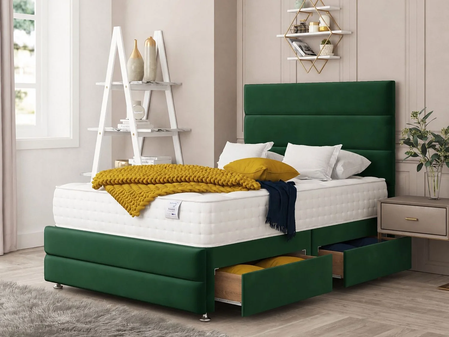 Valencia Upholstered Divan Bed With  4 drawers, Mattress & 26" Headboard (Green) - 135 x 200 cm