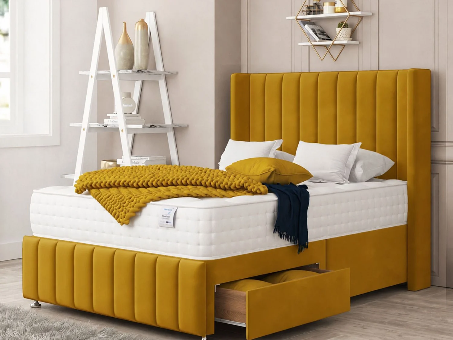 Brisbane Upholstered Divan Bed 2 drawers, Mattress & 54" Headboard (Mustard) - 135 x 190 cm