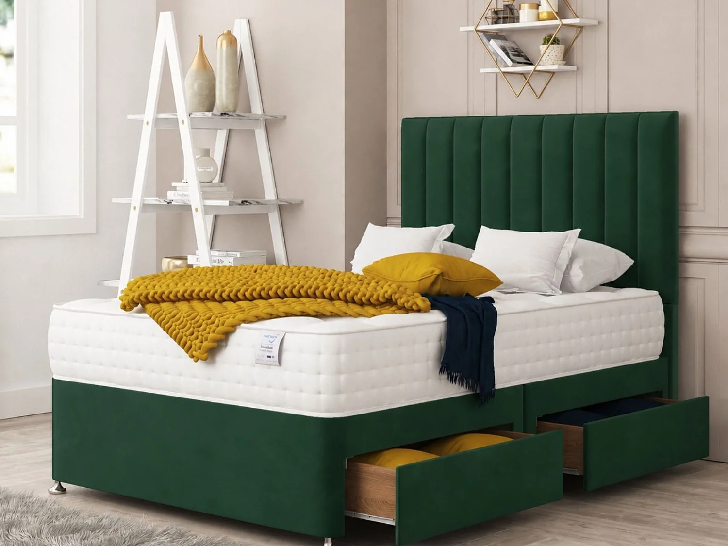 Alaska Upholstered Divan Bed With 2 drawers & 26" Headboard (Green) - 180 x 200 cm