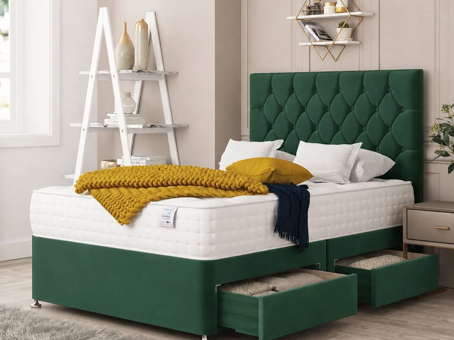 Windsor Upholstered Divan Bed With 2 drawers & 26" Headboard (Green) - 135 x 190 cm