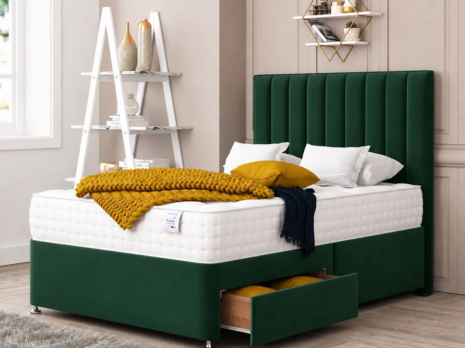 Brisbane Upholstered Divan Bed 2 drawers, Mattress & 54" Headboard (Green) - 135 x 190 cm
