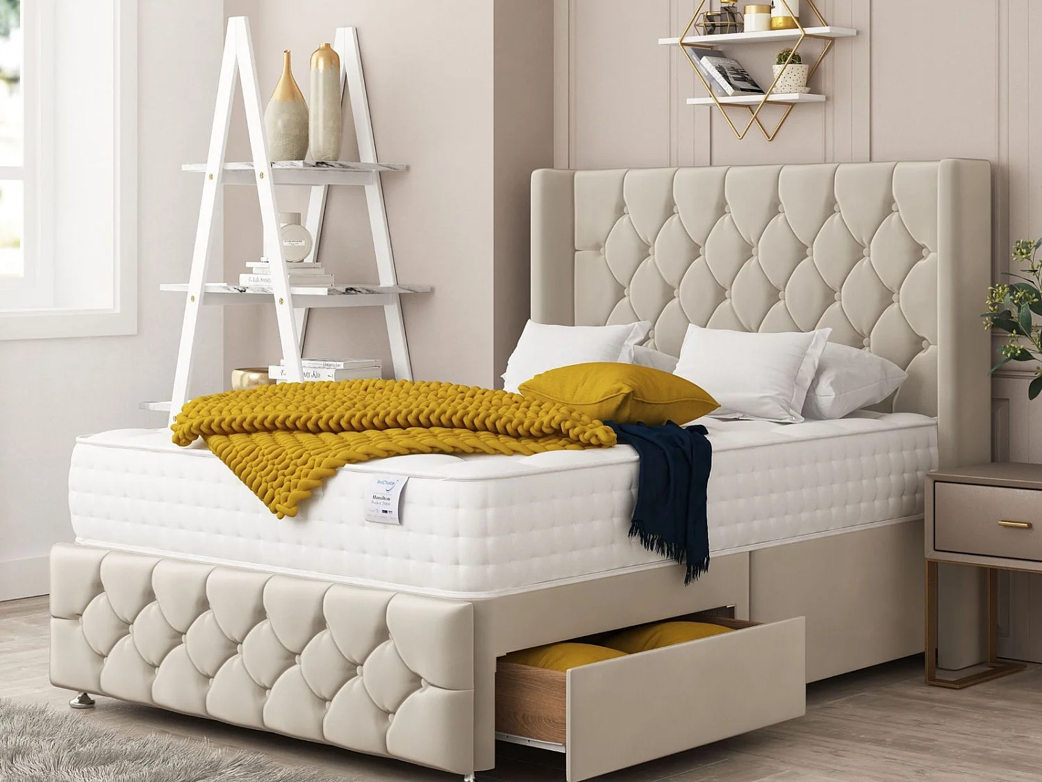 Elena Upholstered Divan Bed With 2 drawers, Mattress & 26" Headboard (Cream) - 135 x 200 cm