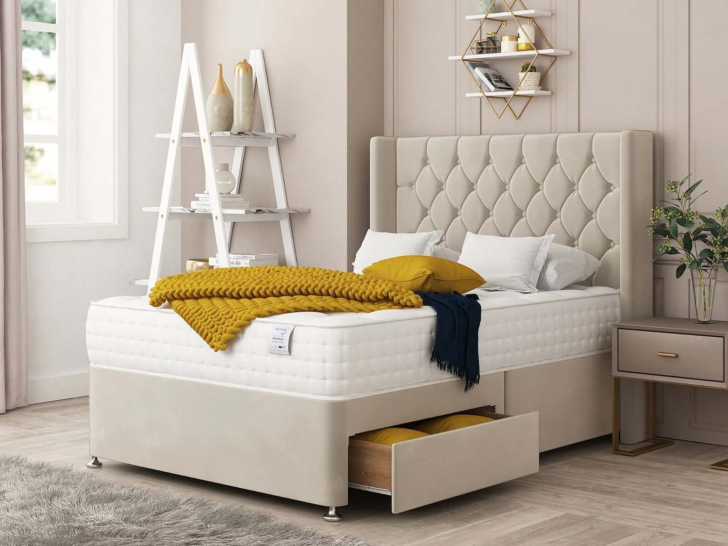 Deluxe Upholstered Divan Bed With 2 drawers, Mattress & 54" Floor Standing Headboard (Silver) - 135 x 190 cm