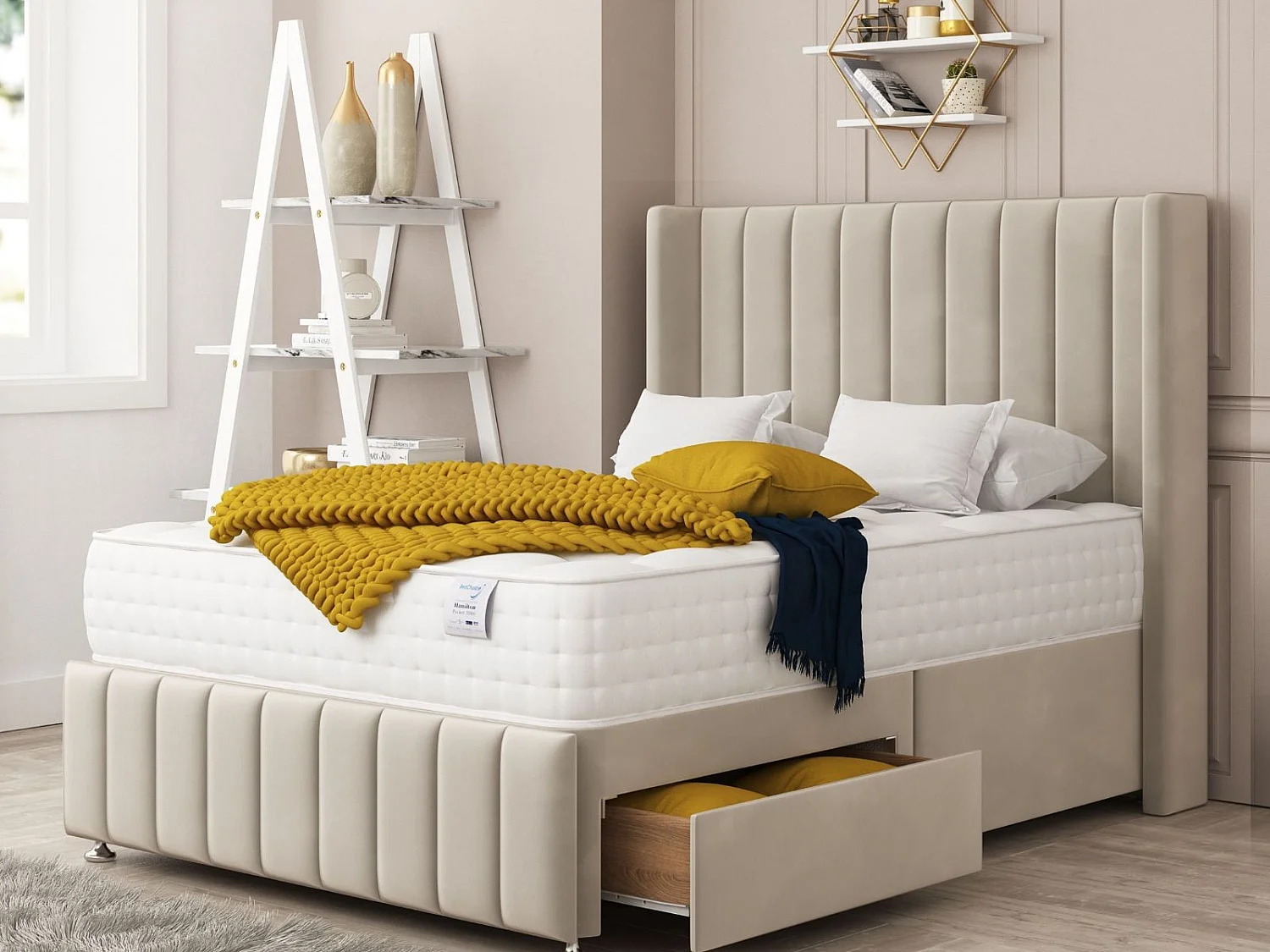 Brisbane Upholstered Divan Bed 2 drawers, Mattress & 54" Headboard (Cream) - 135 x 190 cm
