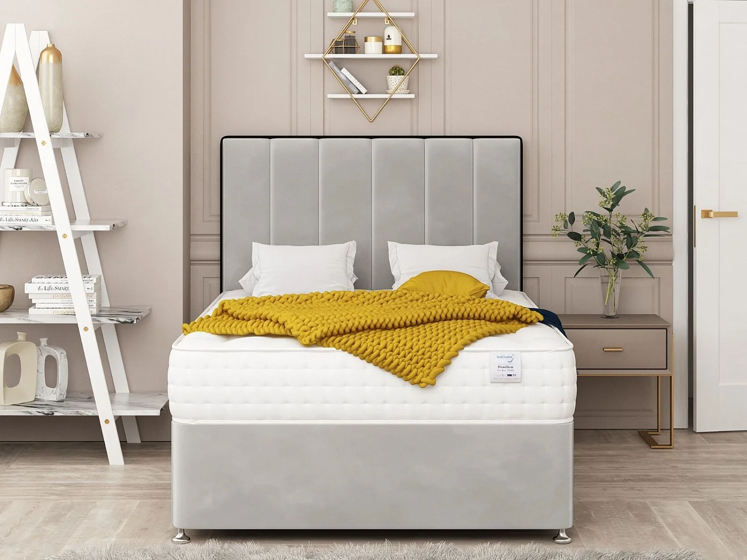 Herringbone Upholstered Divan Bed With 2 drawers, Mattress & 26" Headboard (Silver) - 90 x 190 cm
