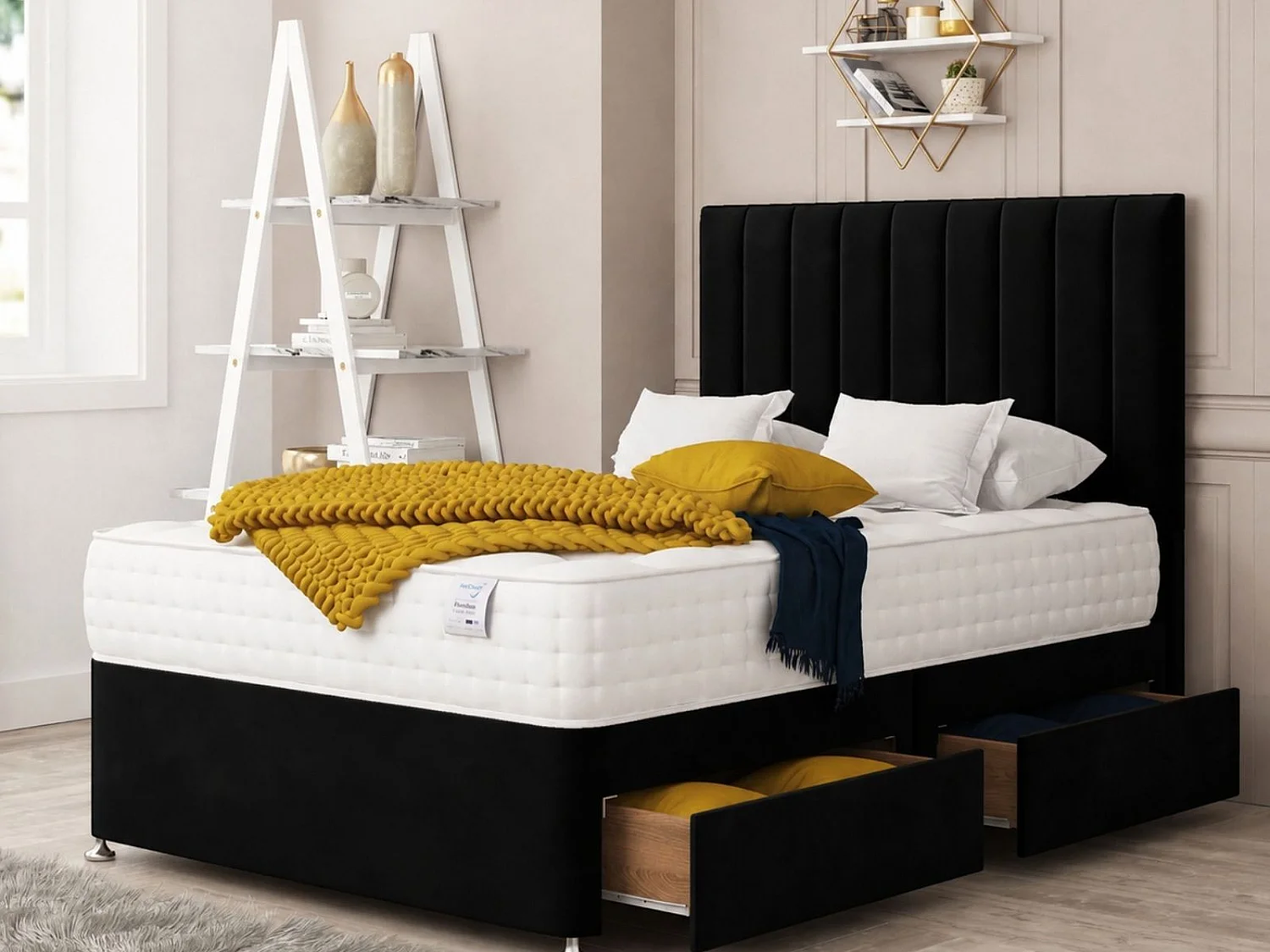 Alaska Upholstered Divan Bed With  4 drawers, Mattress & 26" Headboard (Black) - 180 x 200 cm
