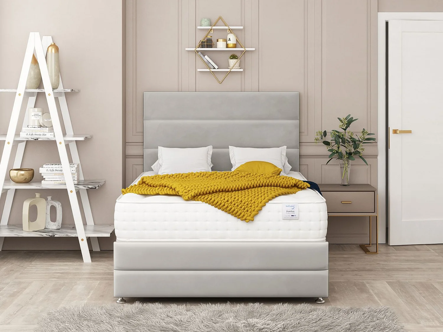 Valencia Upholstered Divan Bed With  4 drawers, Mattress & 26" Headboard (Silver) - 180 x 200 cm
