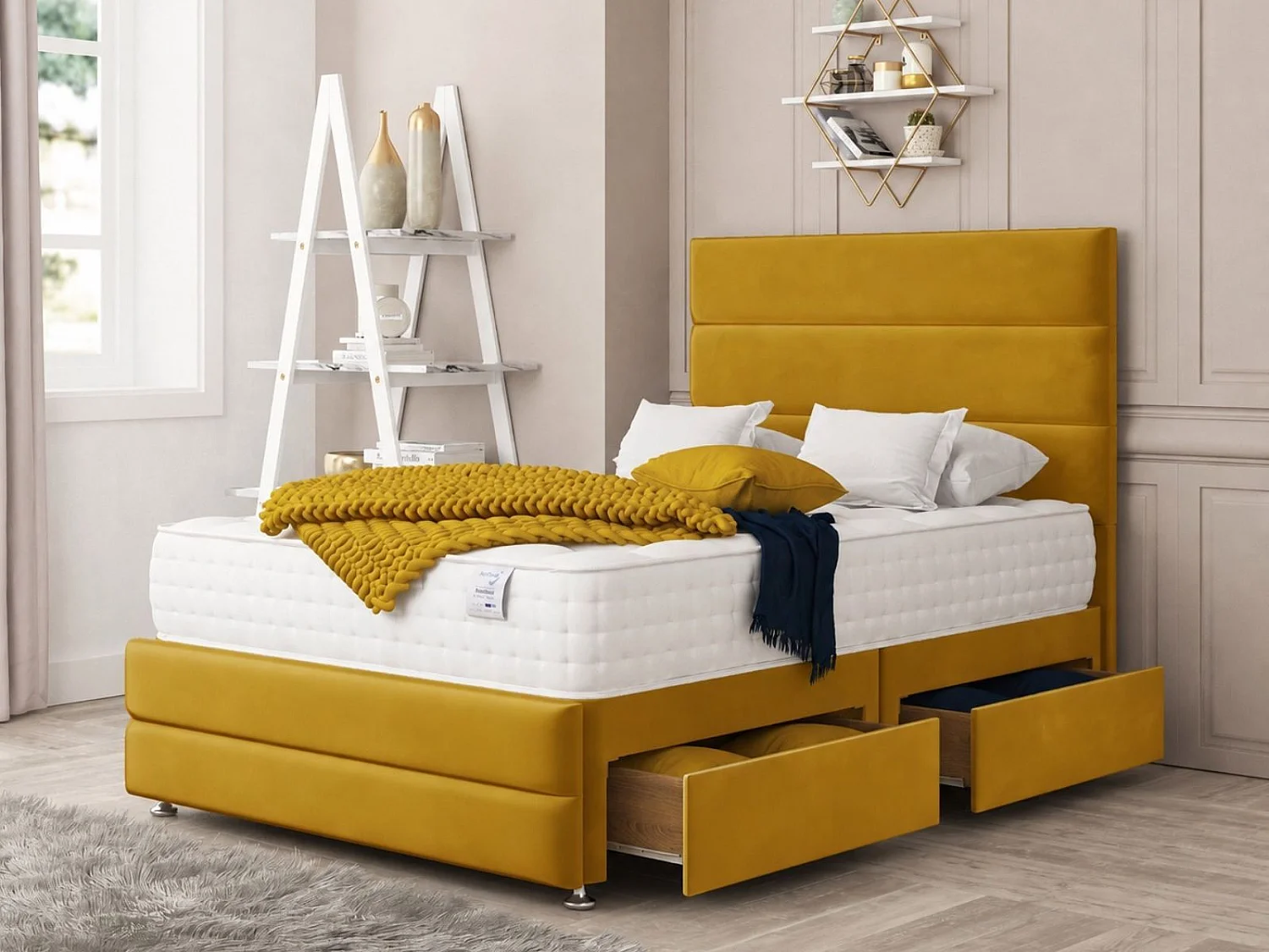 Valencia Upholstered Divan Bed With 2 drawers, Mattress & 26" Headboard (Mustard) - 90 x 190 cm