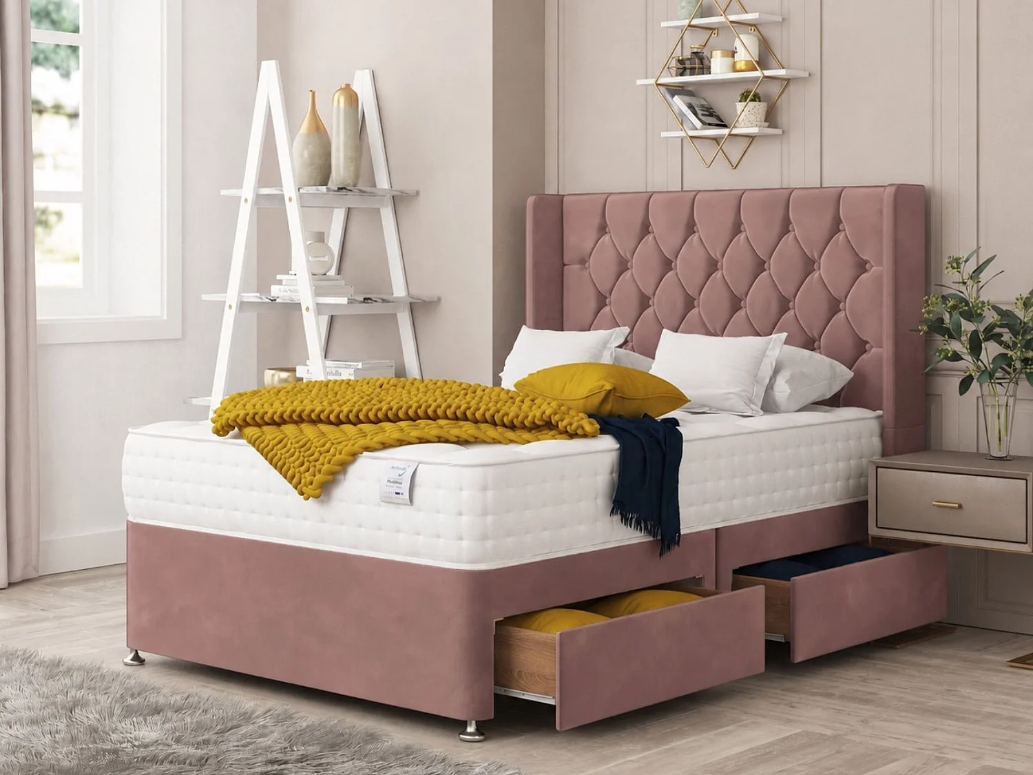 Monaco Upholstered Divan Bed With  4 drawers, Mattress & 26" Headboard (Pink) - 120 x 190 cm