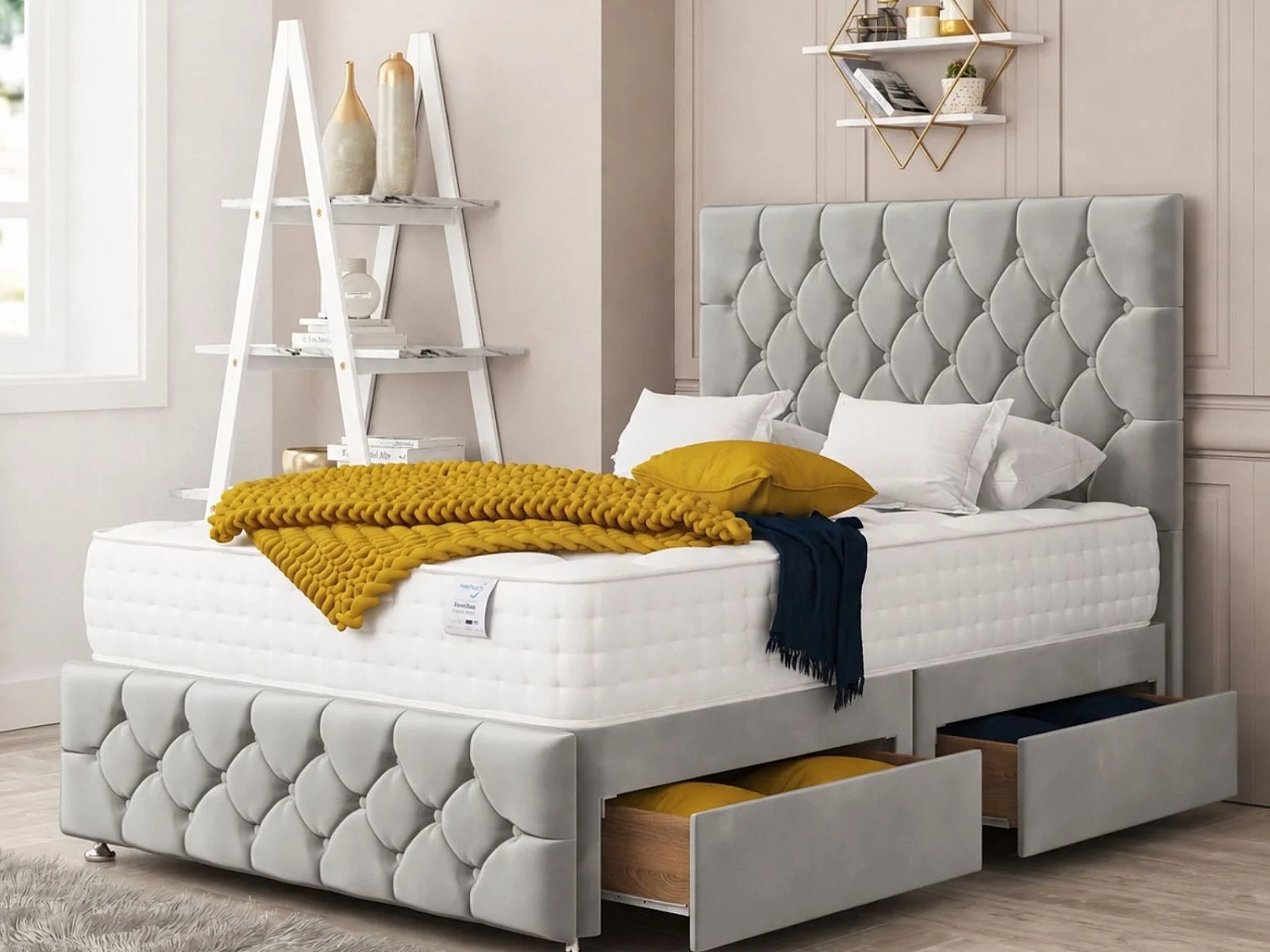 Regency Divan Bed 2 drawers, Mattress & 54" Floor Standing Headboard (Silver) - 180 x 200 cm