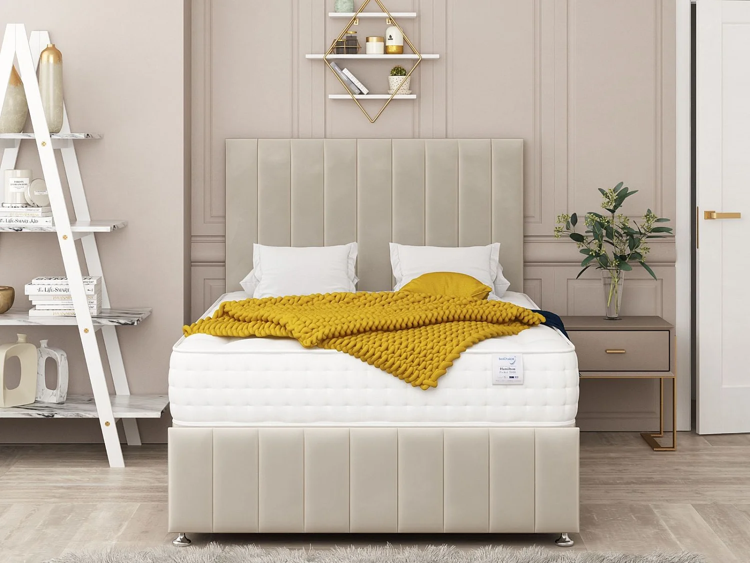 Moscow Divan Bed 4 drawers, Mattress & 54" Floor Standing Headboard (Cream) - 135 x 200 cm