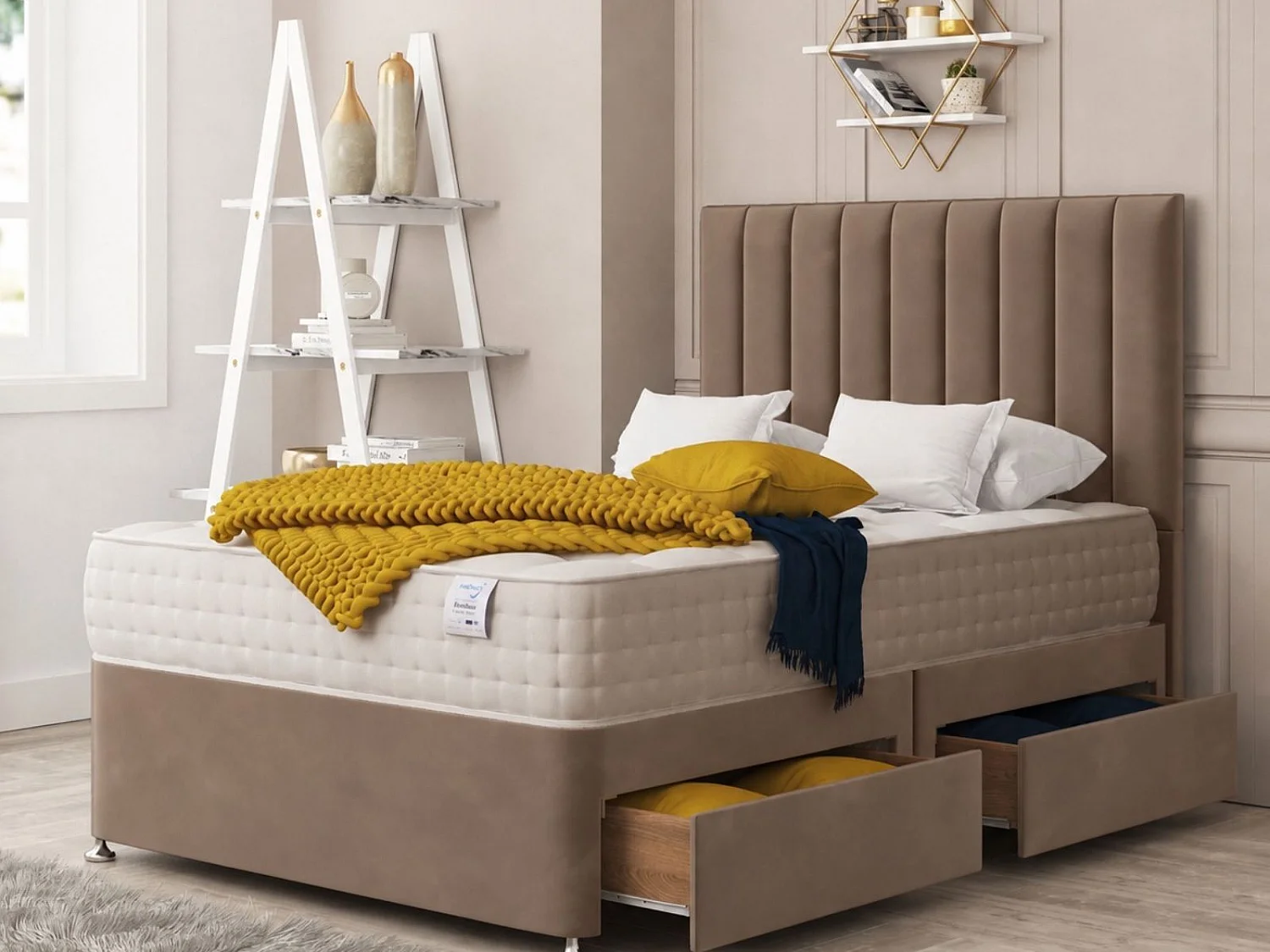 Alaska Upholstered Divan Bed With 2 drawers & 26" Headboard (Taupe) - 120 x 190 cm