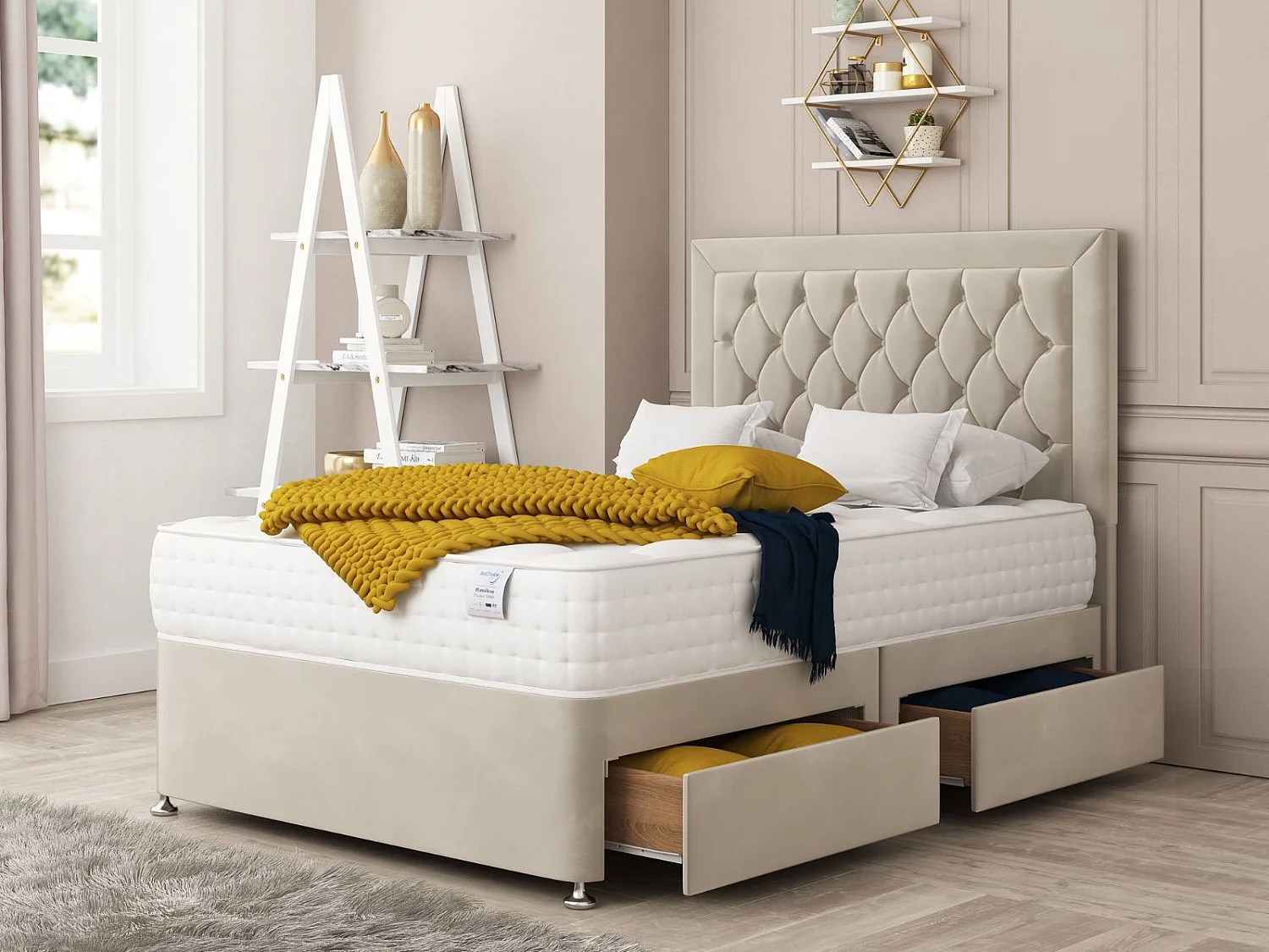 Montana Upholstered Divan Bed With 2 drawers & 26"  Headboard (Mattress not included) (Cream) - 135 x 200 cm