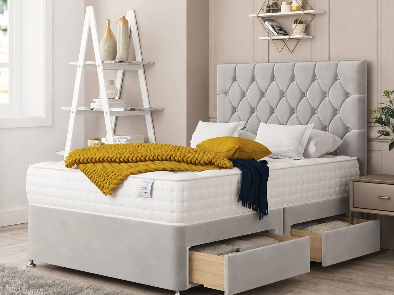Windsor Upholstered Divan Bed With 2 drawers & 26" Headboard (Silver) - 120 x 190 cm
