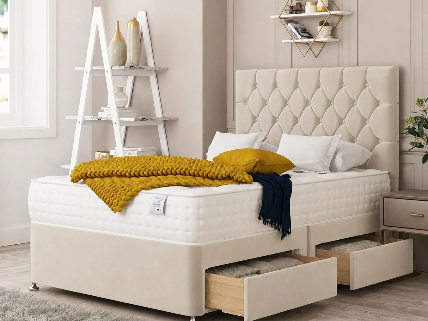 Windsor Upholstered Divan Bed With 2 drawers & 26" Headboard (Cream) - 135 x 200 cm