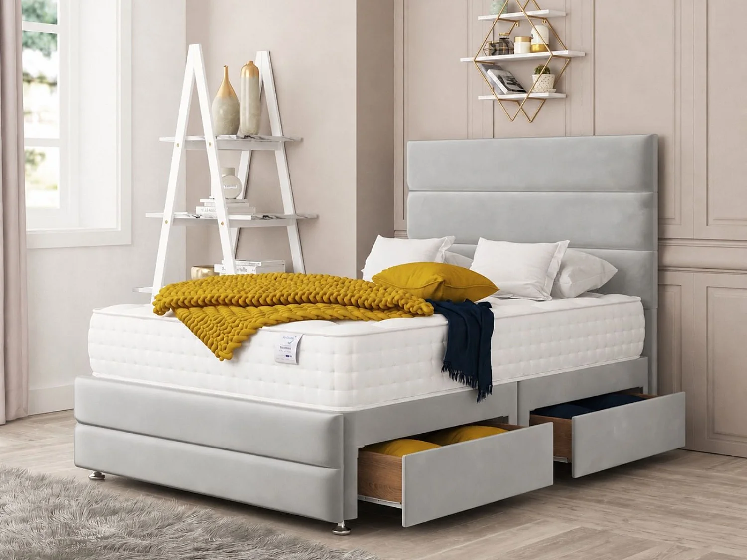 Valencia Upholstered Divan Bed With  4 drawers, Mattress & 26" Headboard (Silver) - 120 x 190 cm