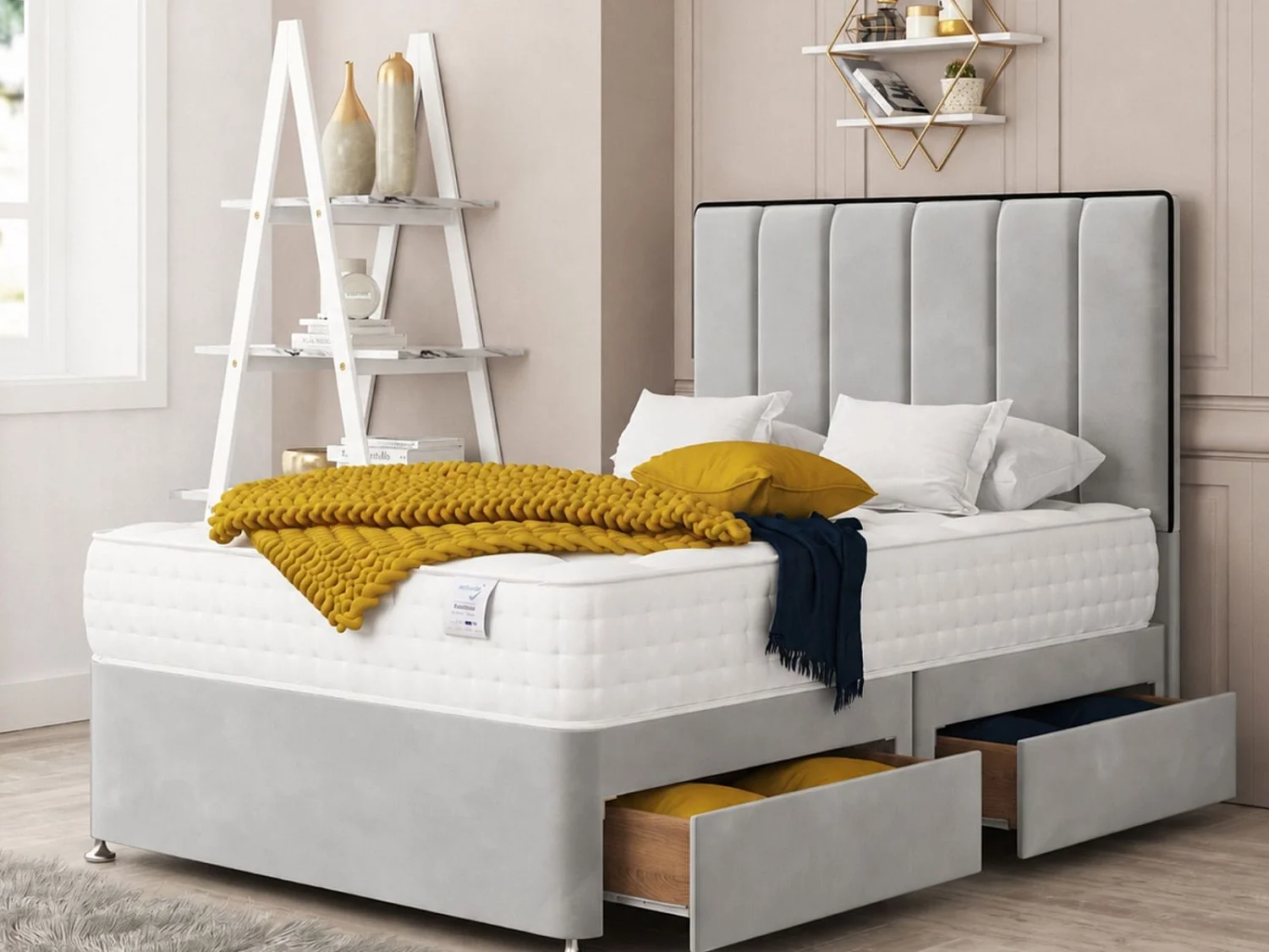 Herringbone Upholstered Divan Bed With  4 drawers, Mattress & 54" Headboard (Silver) - 120 x 190 cm