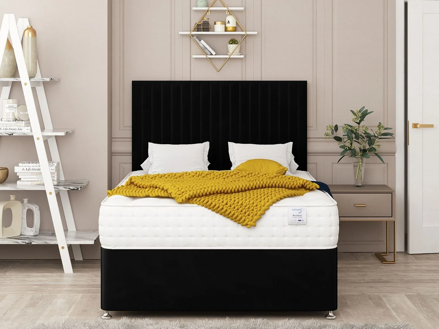 Manhattan Divan Bed 2 drawers, Mattress & 54" Floor Standing Headboard (Black) - 180 x 200 cm