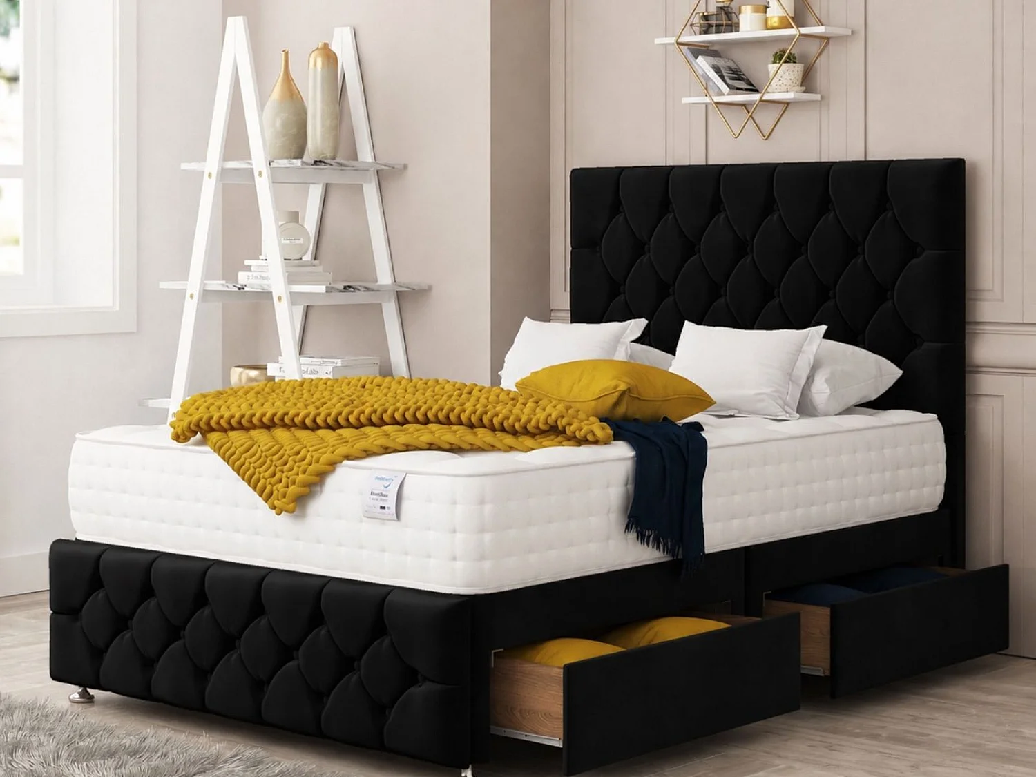 Regency Upholstered Divan Bed With 2 drawers, Mattress & 54" Floor Standing Headboard (Black) - 135 x 200 cm