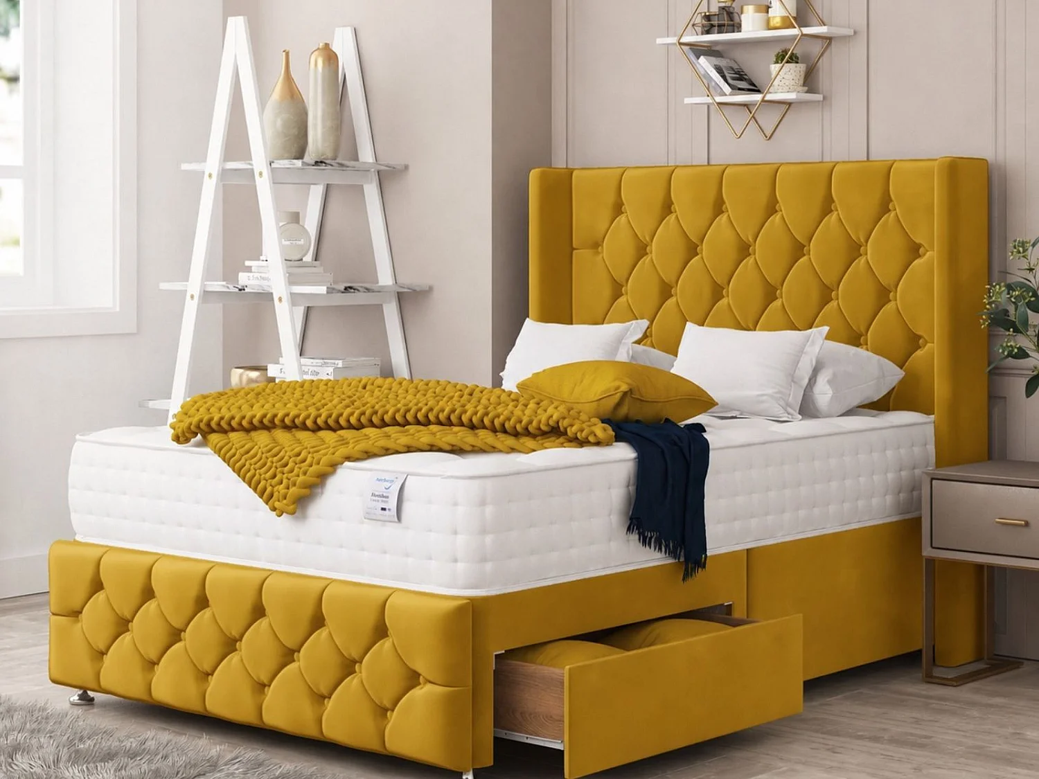 Elena Upholstered Divan Bed With 2 drawers, Mattress & 26" Headboard (Mustard) - 135 x 200 cm