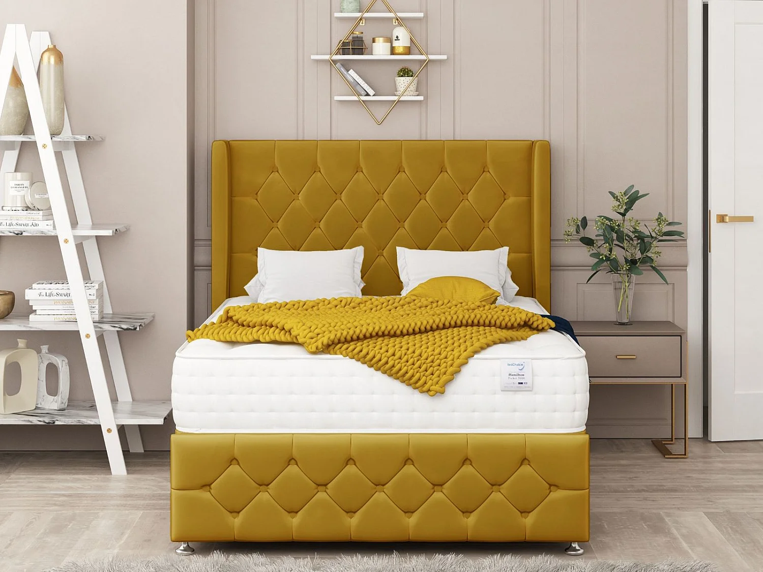 Elena Upholstered Divan Bed With 2 drawers, Mattress & 26" Headboard (Mustard) - 135 x 200 cm