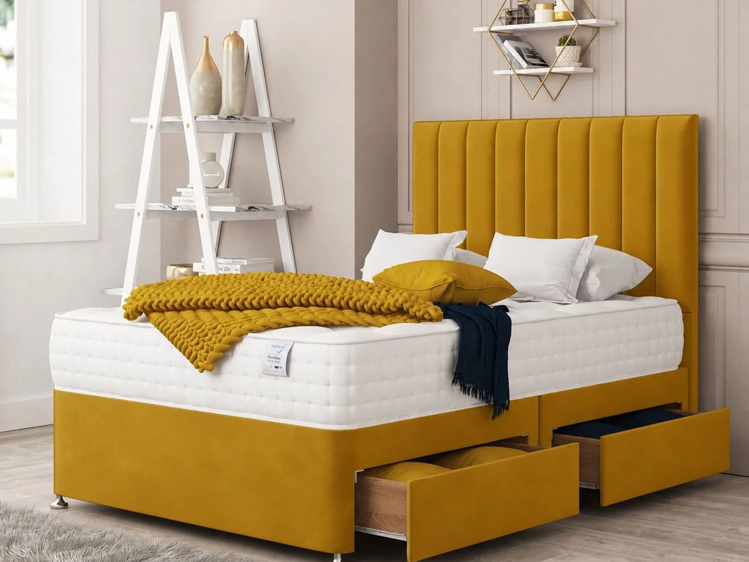 Alaska Upholstered Divan Bed With 2 drawers & 26" Headboard (Mustard) - 120 x 190 cm