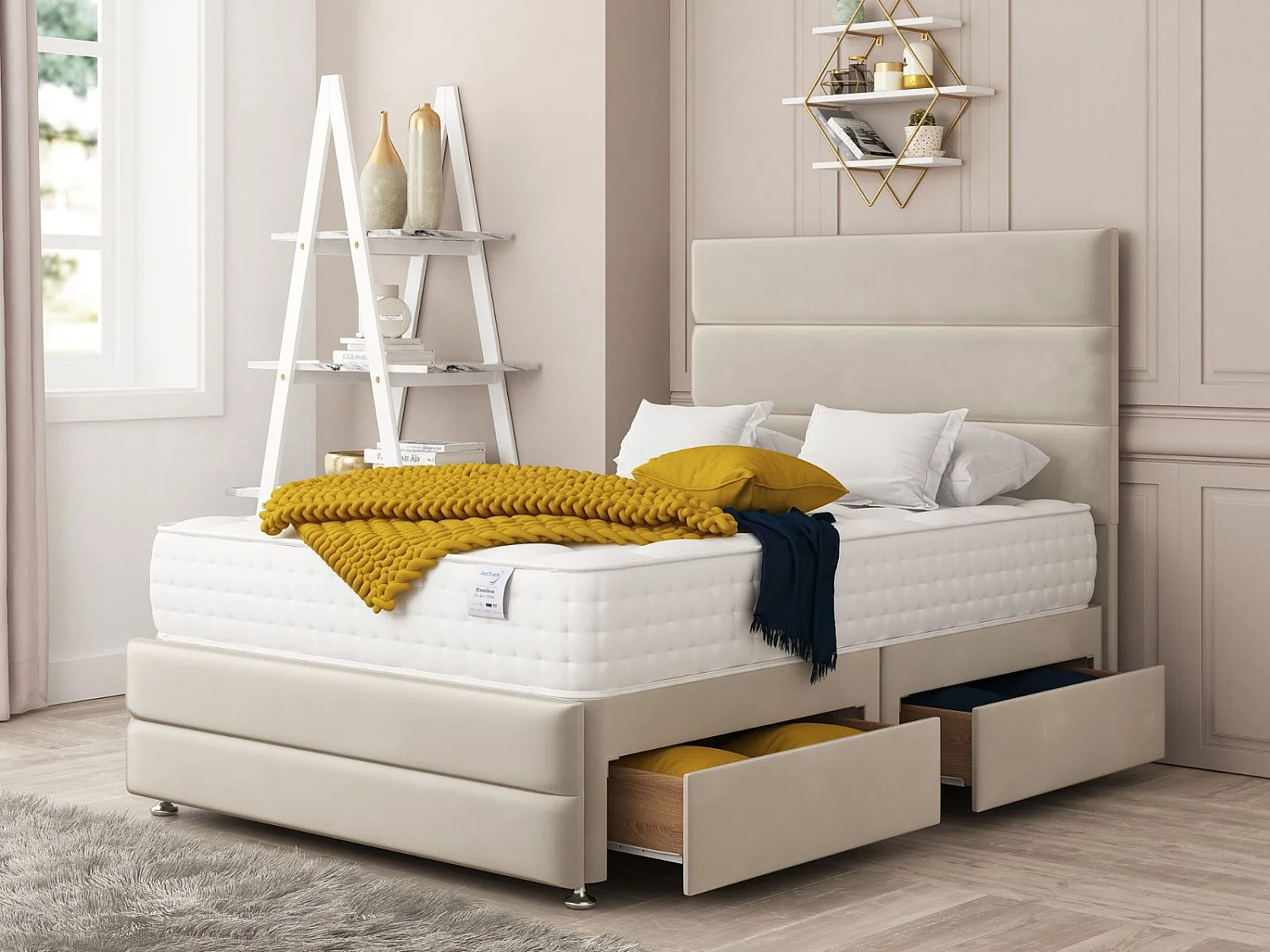 Valencia Upholstered Divan Bed With 2 drawers, Mattress & 26" Headboard (Cream) - 135 x 190 cm
