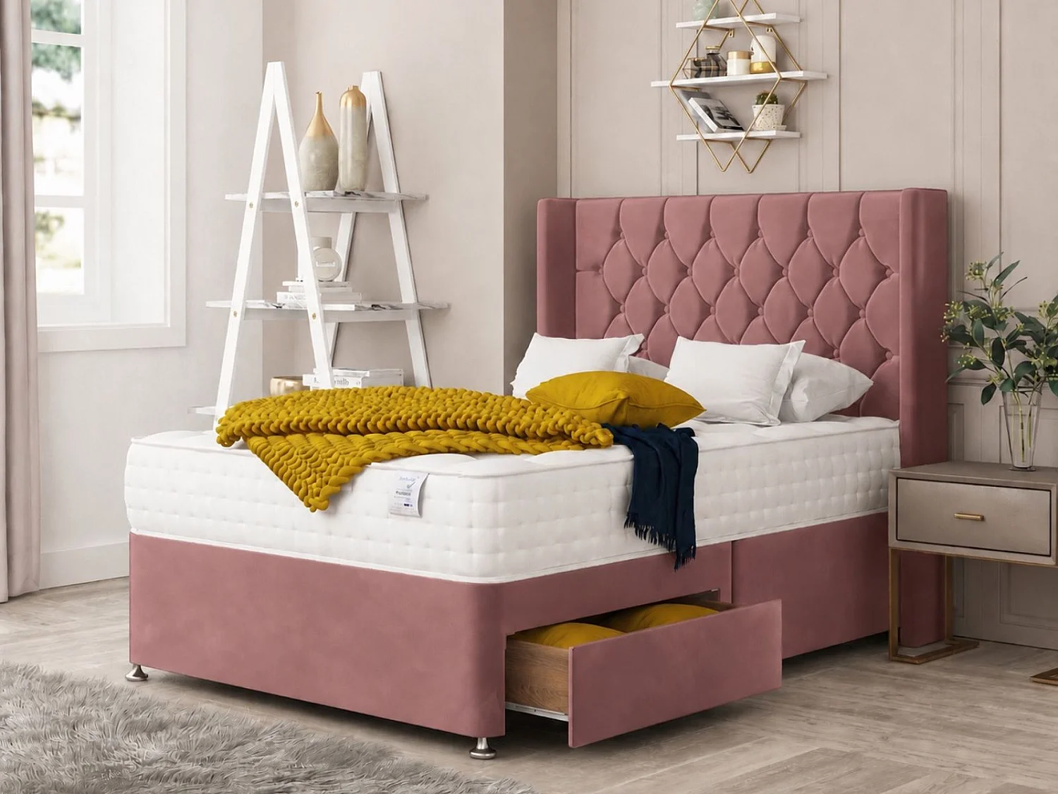 Deluxe Upholstered Divan Bed With 2 drawers, Mattress & 54" Floor Standing Headboard (Pink) - 135 x 190 cm