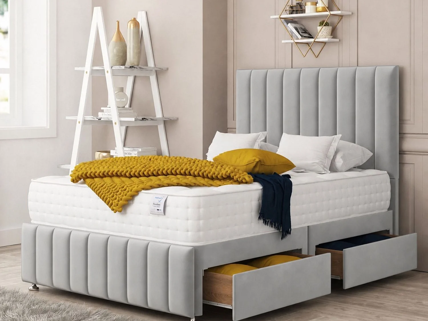 Moscow Divan Bed  4 drawers, Mattress & 26" Headboard (Silver) - 135 x 200 cm