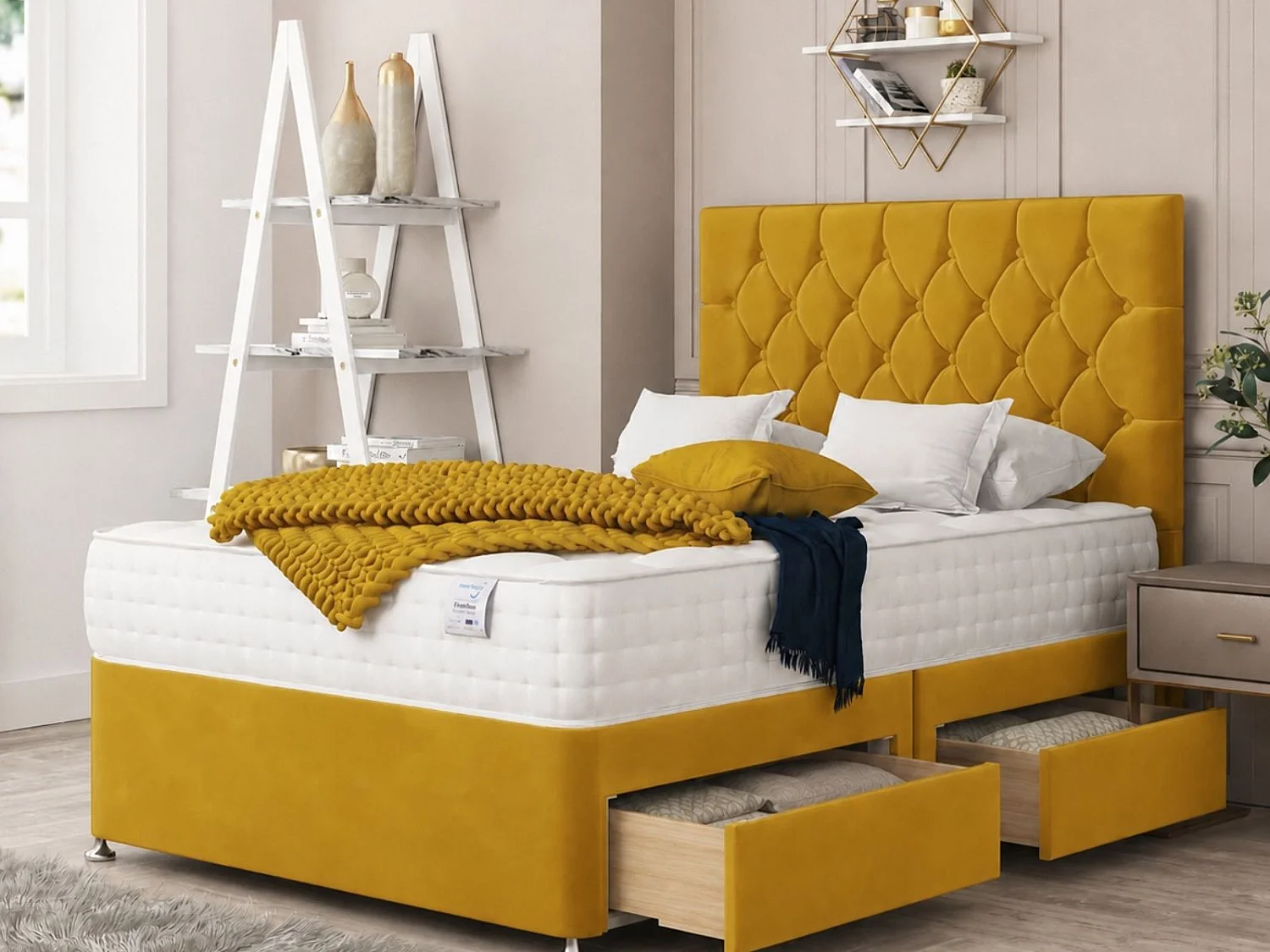 Windsor Upholstered Divan Bed With 2 drawers & 26" Headboard (Mustard) - 120 x 190 cm