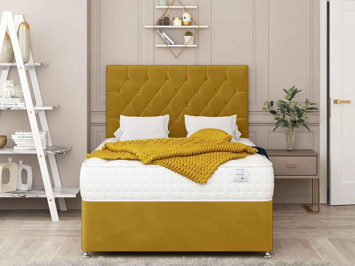 Windsor Upholstered Divan Bed With 2 drawers & 26" Headboard (Mustard) - 120 x 190 cm