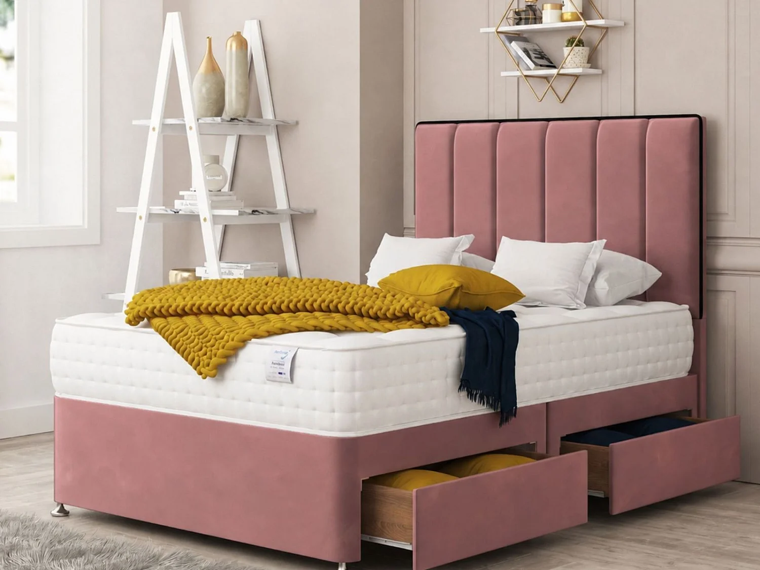 Herringbone Upholstered Divan Bed With 2 drawers, Mattress & 26" Headboard (Pink) - 90 x 190 cm