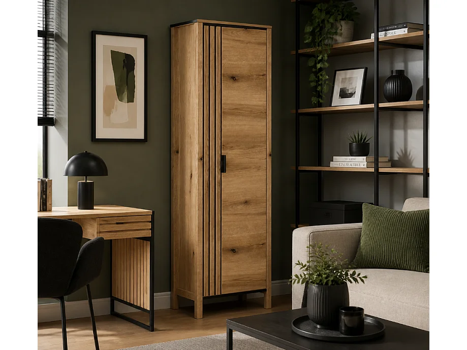 Étagère Helix 62x200x40,5cm - 1 porte fermée 5 tablettes - salon bureau - chêne evoke