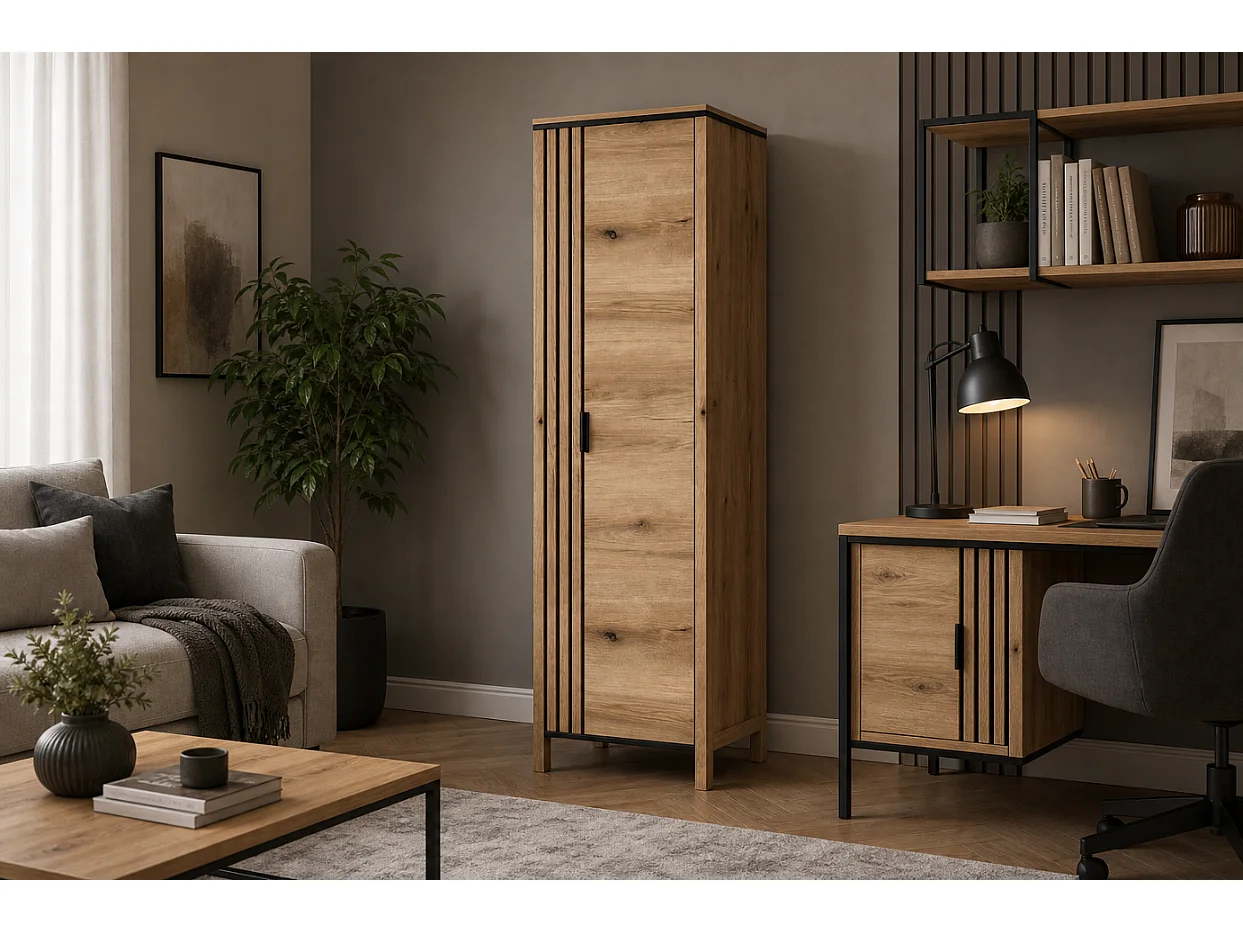 Étagère Helix 62x200x40,5cm - 1 porte fermée 5 tablettes - salon bureau - chêne evoke