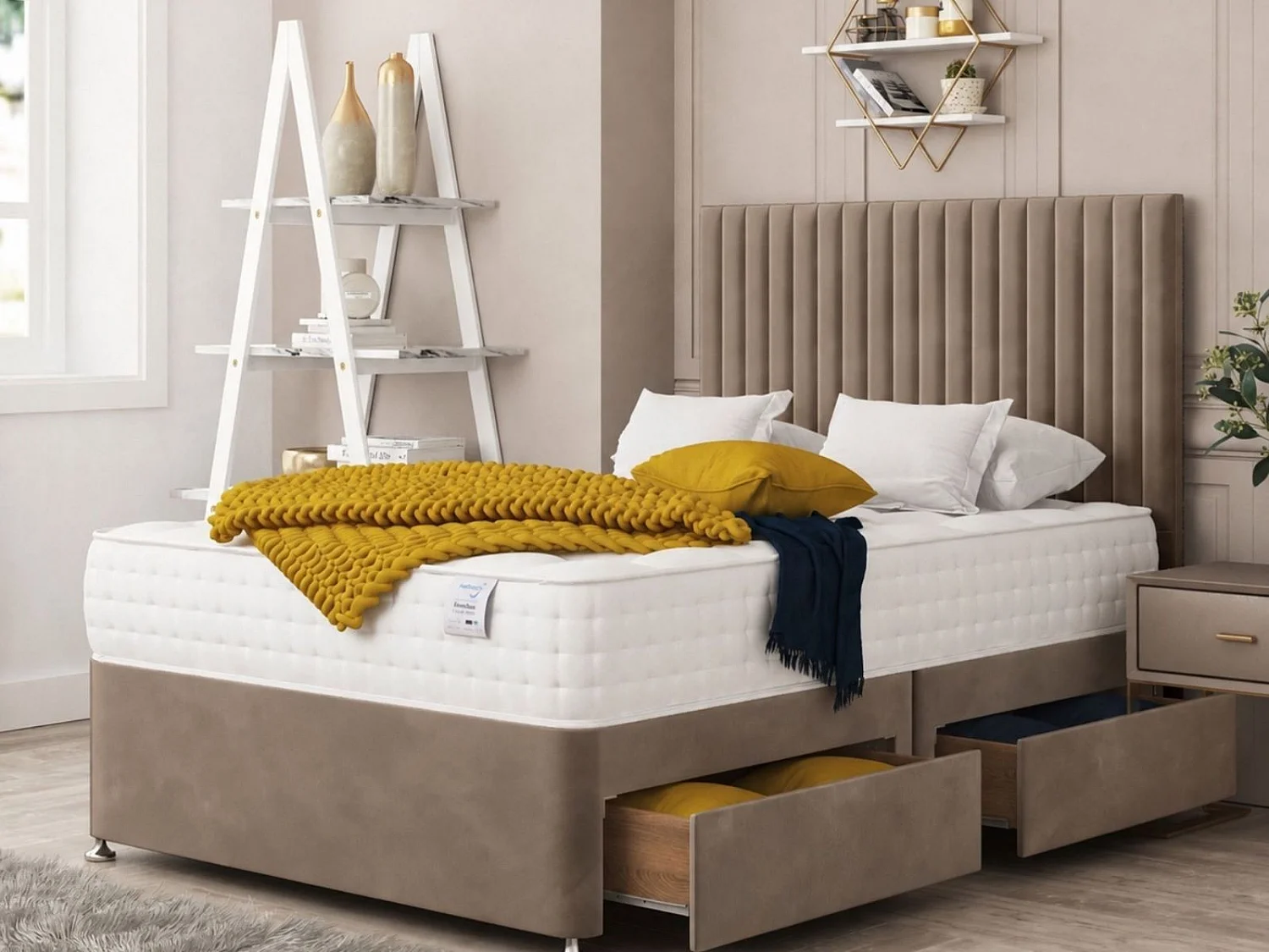 Manhattan Divan Bed With 2 drawers & 26" Headboard (Taupe) - 120 x 190 cm