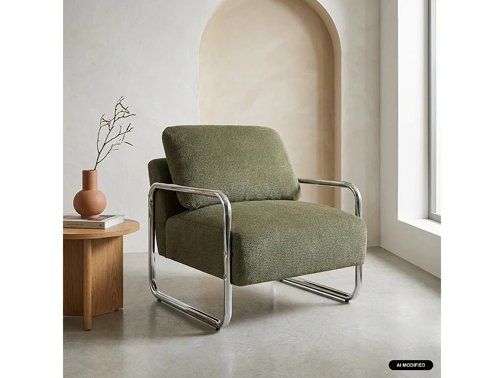 Fauteuil vintage tissu chenille armature chromée kaki - Joe