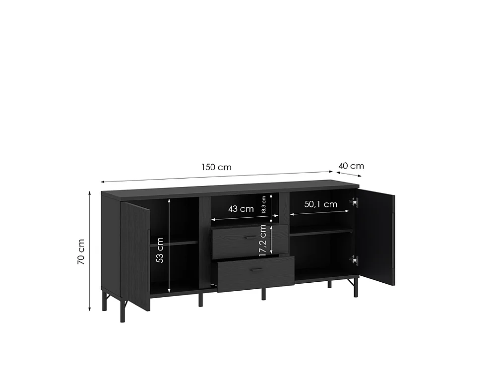 Meuble TV Duna 150x70x40cm - 2 portes 2 tiroirs niche - pour salon - noir graphite