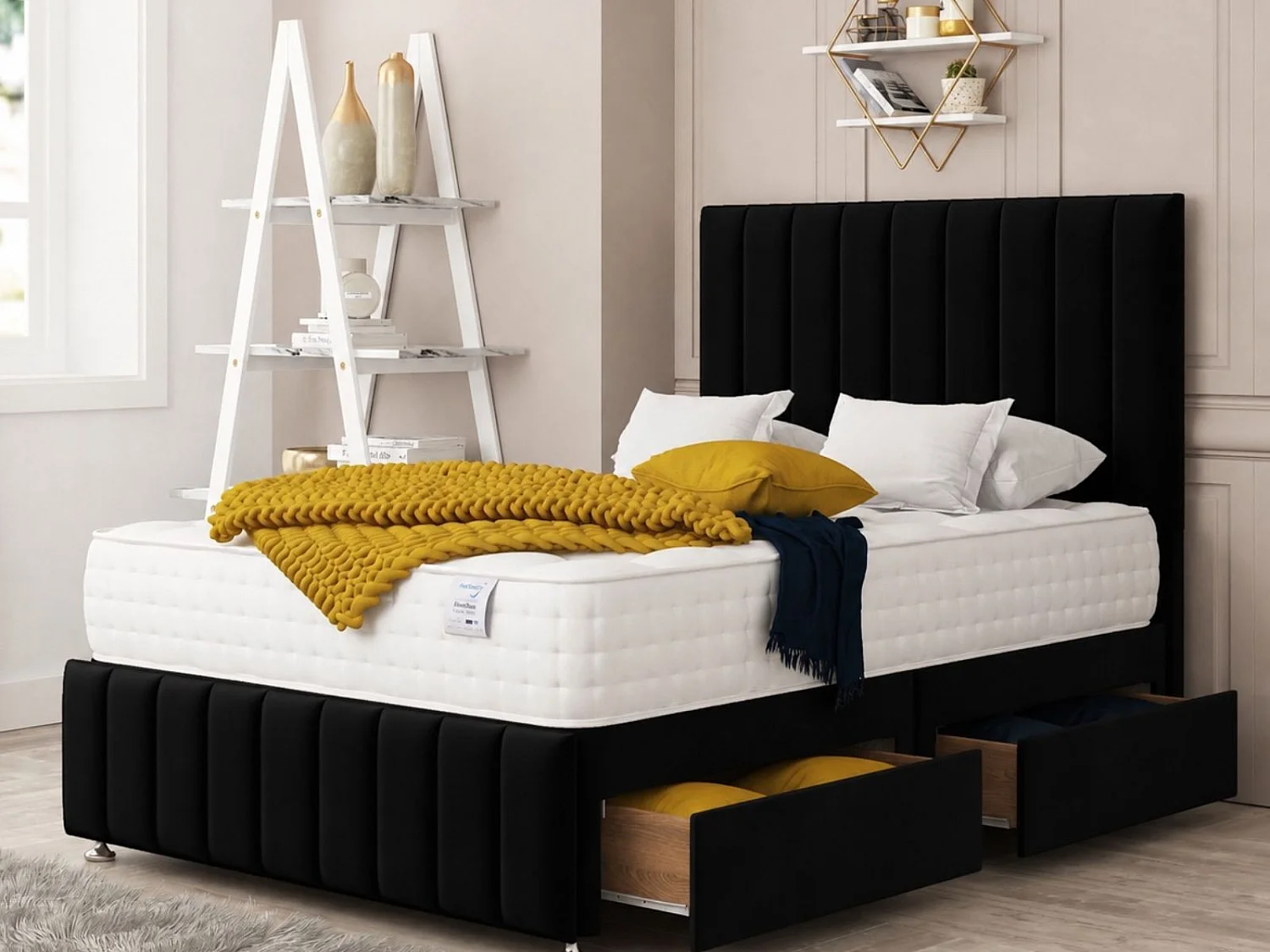 Moscow Divan Bed  4 drawers, Mattress & 26" Headboard (Black) - 120 x 190 cm