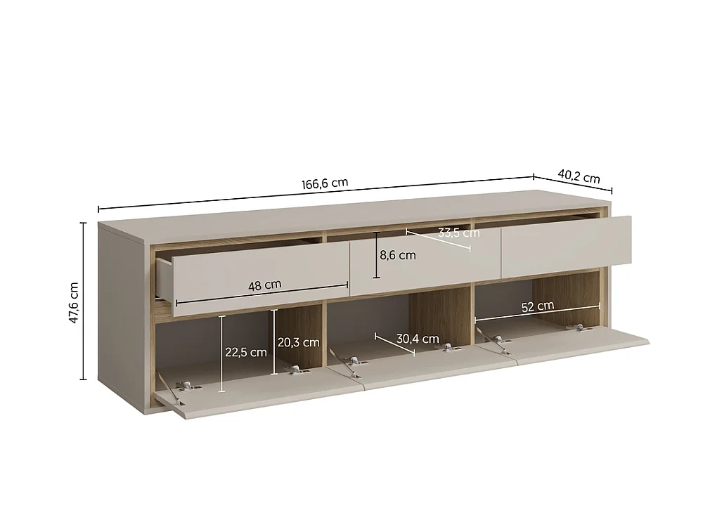 Meuble TV Cosme 167x54x40cm - meuble suspendu et sur pieds - cachemire/chêne huilé