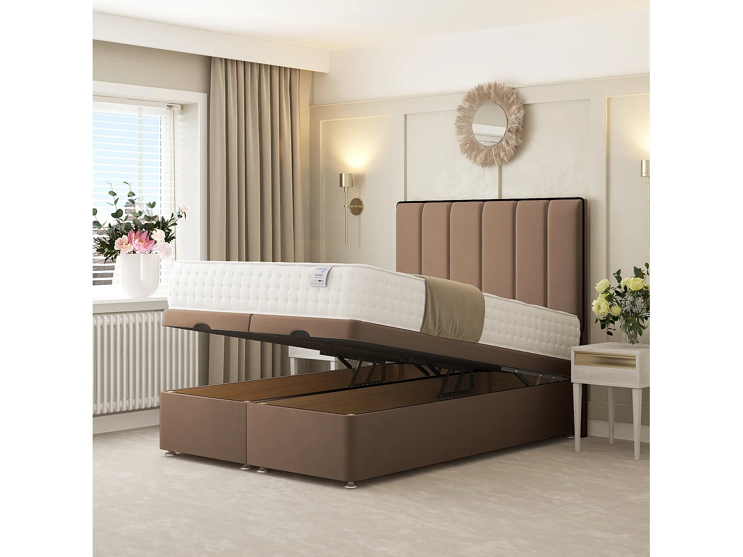 Herringbone Ottoman Upholstered Divan with 54" Headboard (Taupe) - 135 x 190 cm