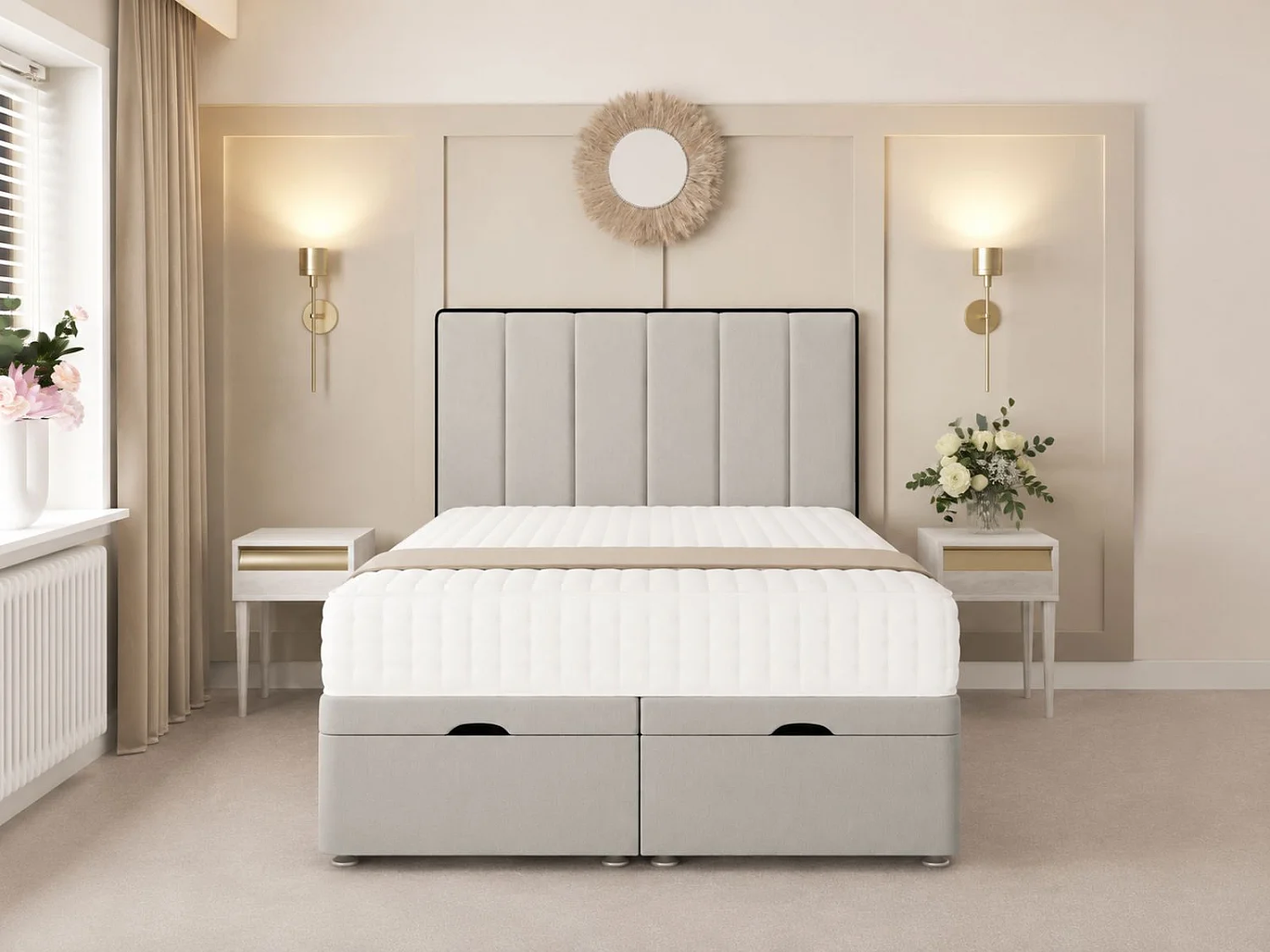 Herringbone Ottoman Upholstered Divan with 54" Headboard (Silver) - 135 x 200 cm
