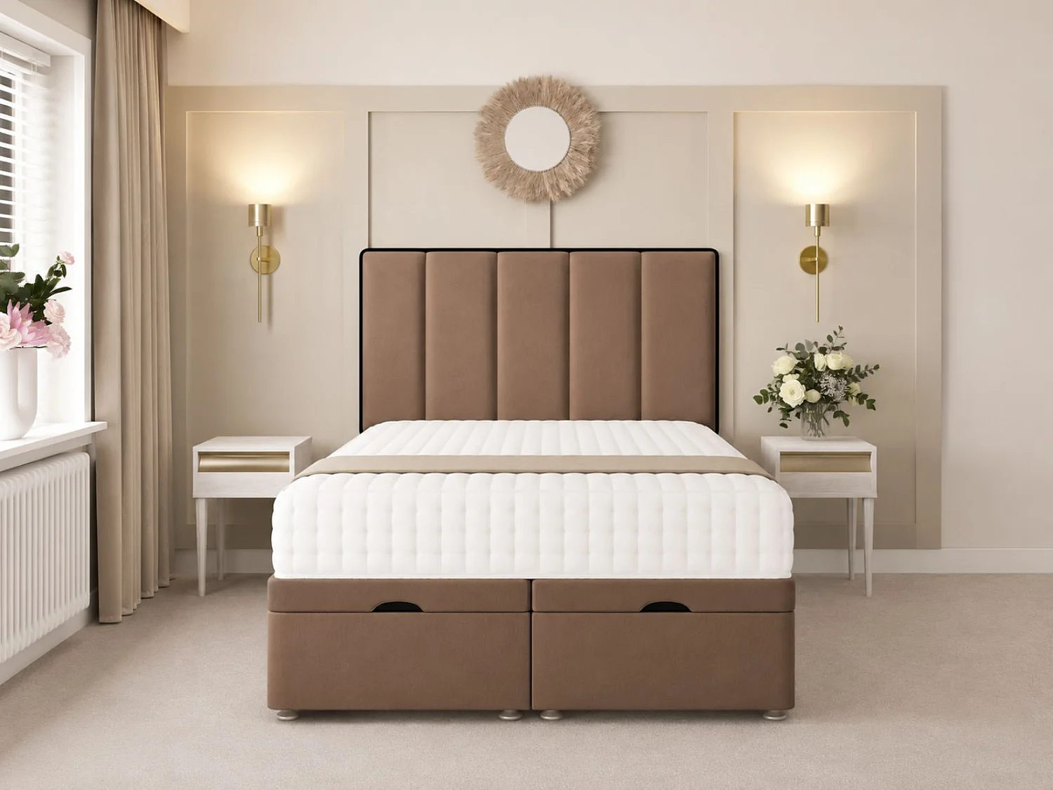 Herringbone Ottoman Upholstered Divan with 54" Headboard (Taupe) - 120 x 190 cm